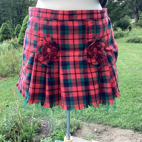 Upcycled vintage Orvis red plaid pleated mini skirt/net crinoline pockets Sz Med - Picture 2 of 14